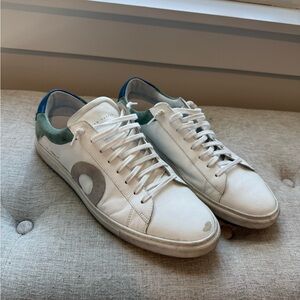Oliver Cabell White Leather Sneakers with Green & Blue Heel Tabs